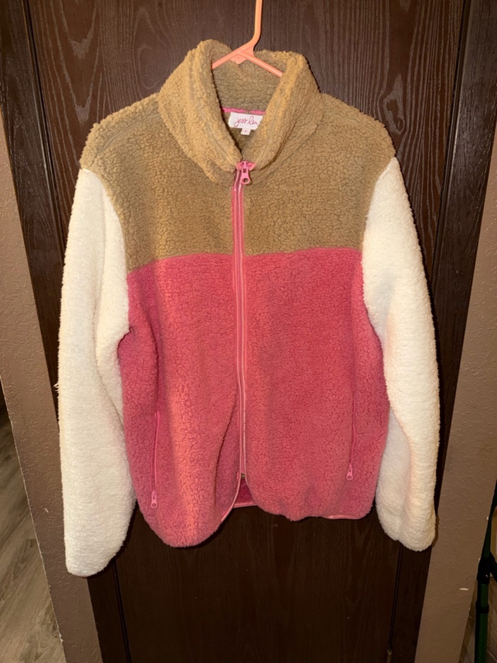 Jess Lea Colorblock Sherpa Jacket in Pink, Cream & Tan